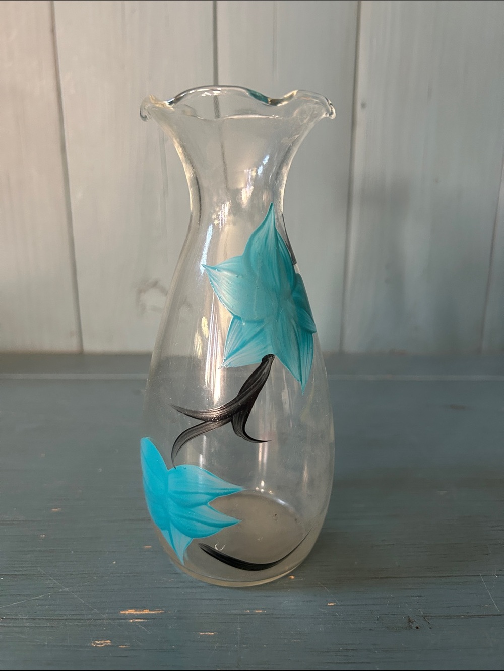 Vintage Anchor Hocking Hand-Painted Blue Floral Glass Vase - Home Accents